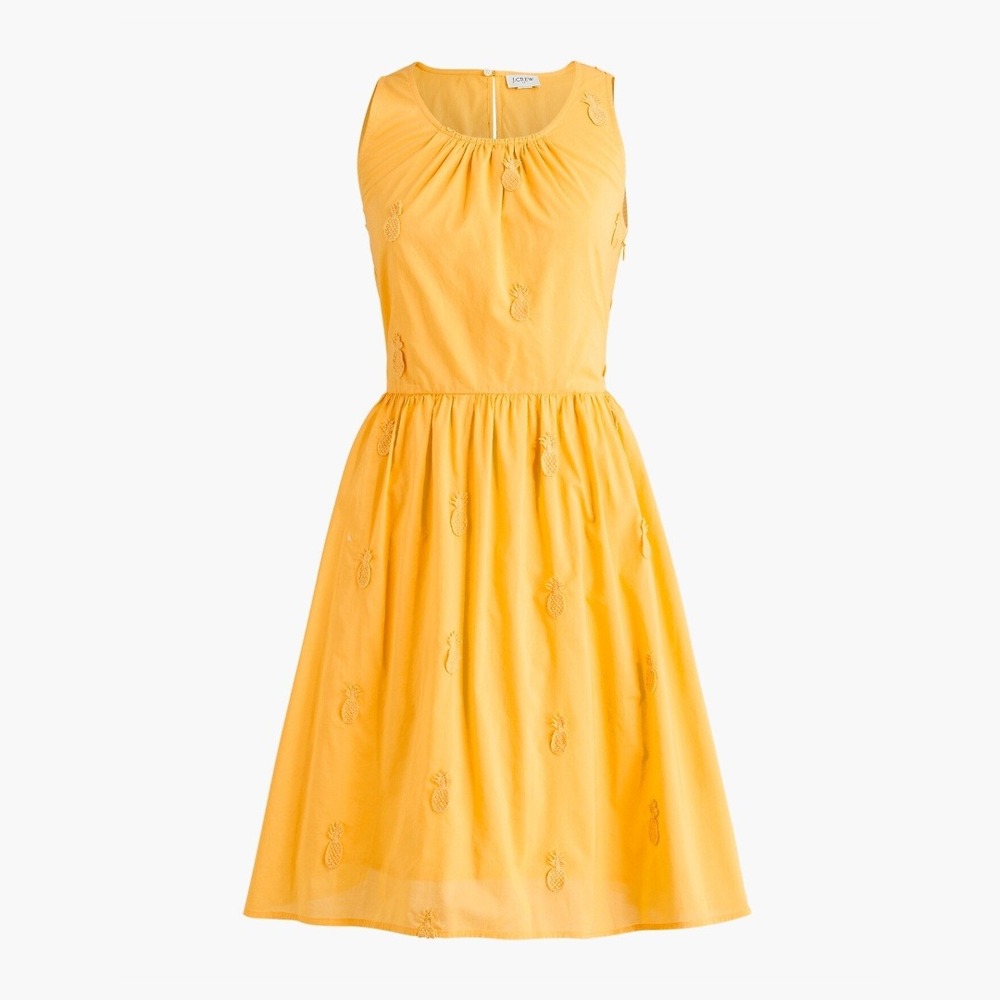 J Crew Yellow Pineapple Cotton Fit and Flare Dress Preppy Summer Pockets Cottage